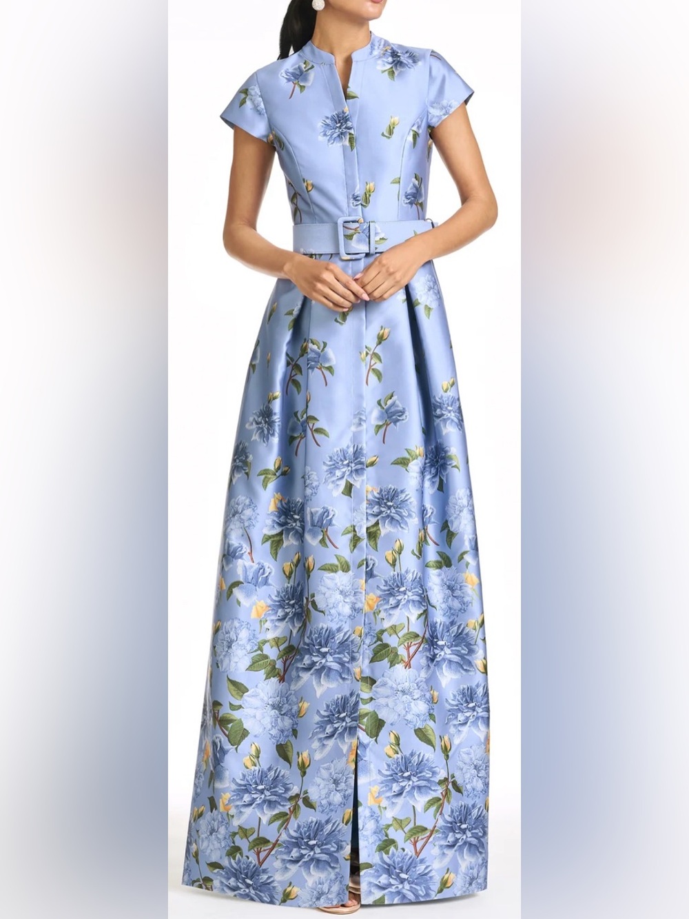 NEW Sachin & Babi's Marta Blue Floral Mikado Belted Shirt Dress Gown sz 4